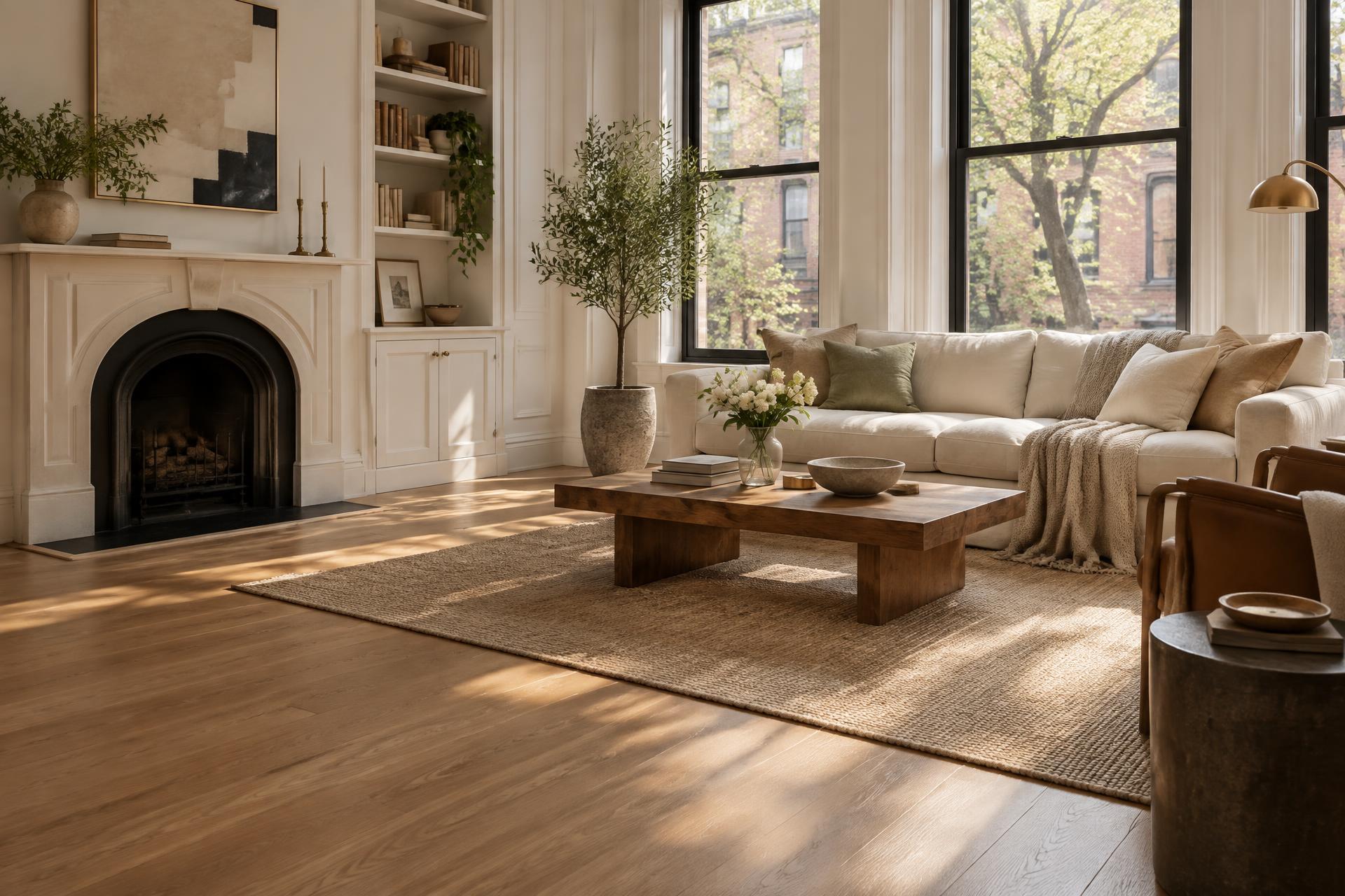 A bright, spotless Chicago living room in warm morning light